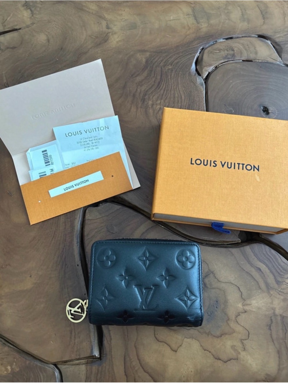 Louis Vuitton Black Embossed Monogram Zip Card Holder with Gold Charm